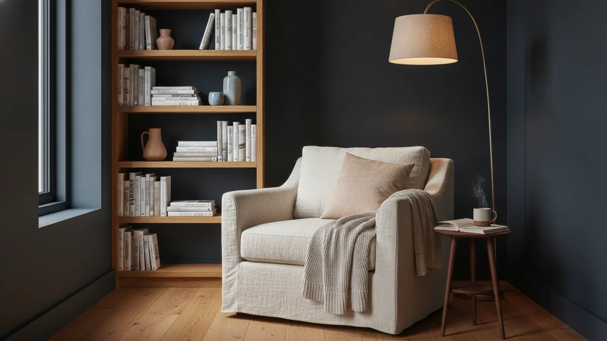 Small room with black paint Small black painted reading nook with warm lighting, pale textiles, and wood details