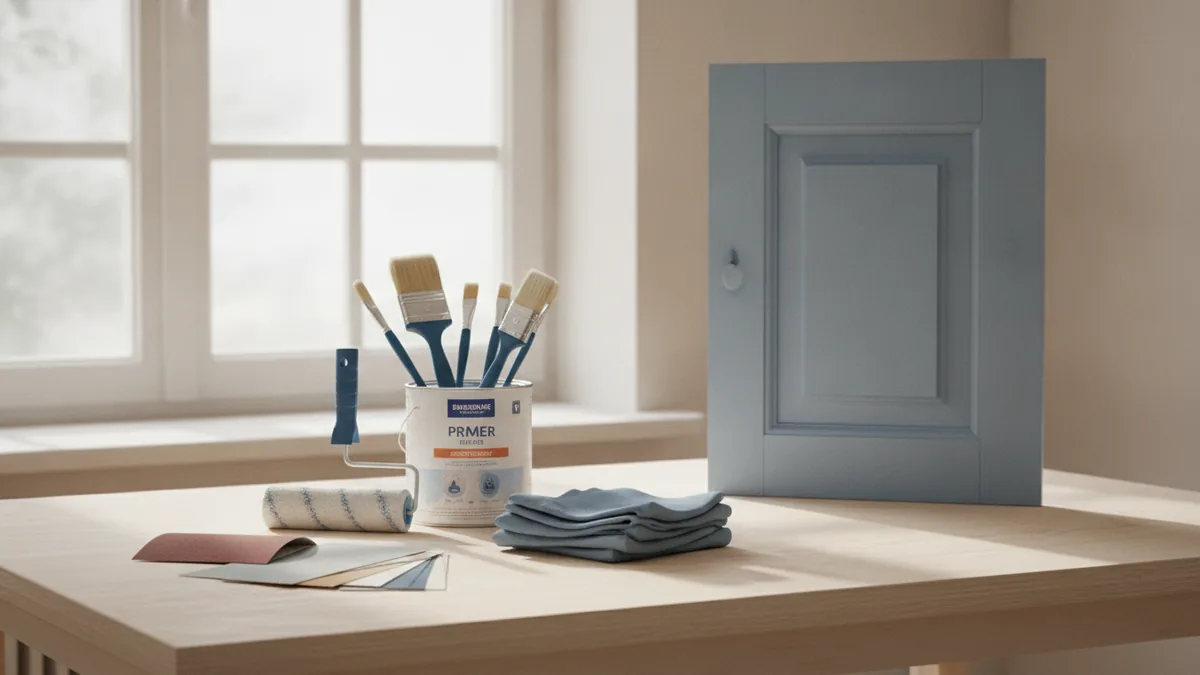 Clean painting tools, primer, sandpaper, and cupboard doors set out for a DIY project