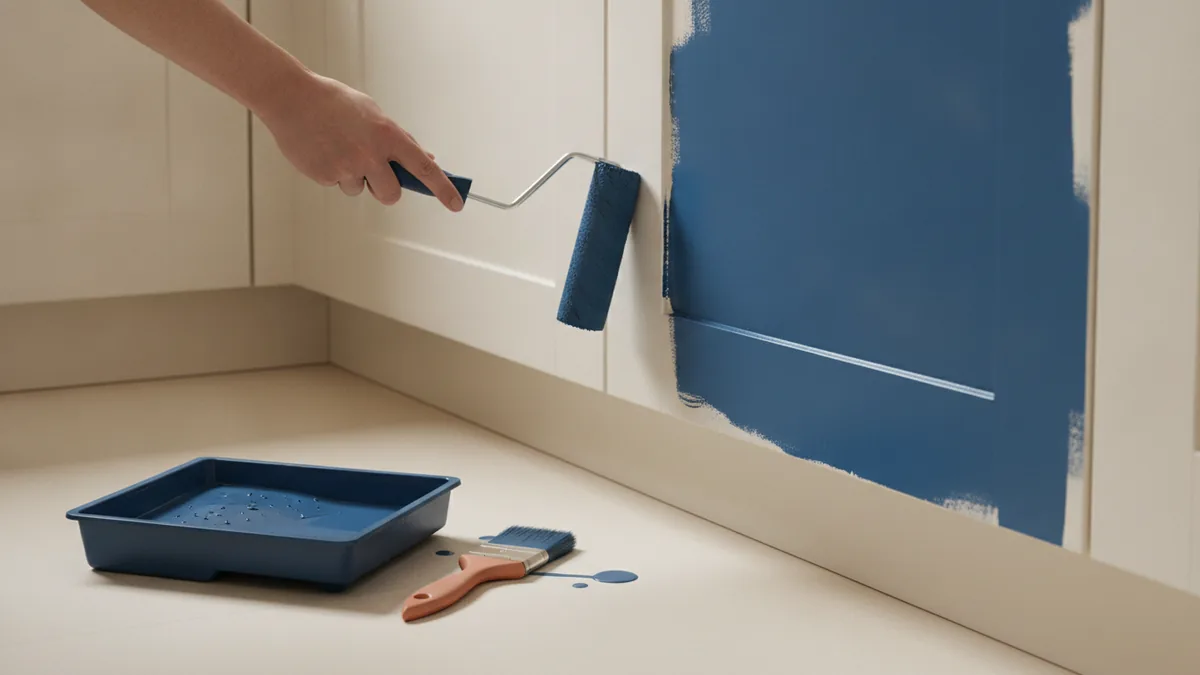 Cupboard door being painted with a roller beside a detail brush and primer
