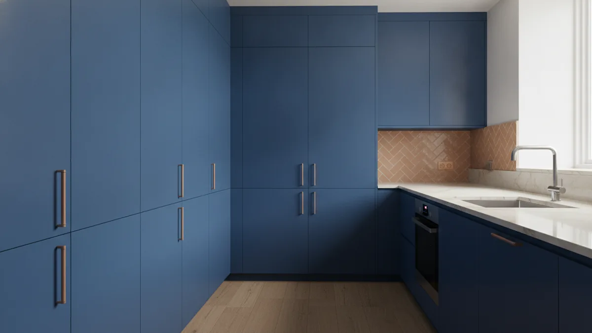 Painted laminate cupboard door finish Smooth painted laminate cupboard doors with clean edges and new simple handles