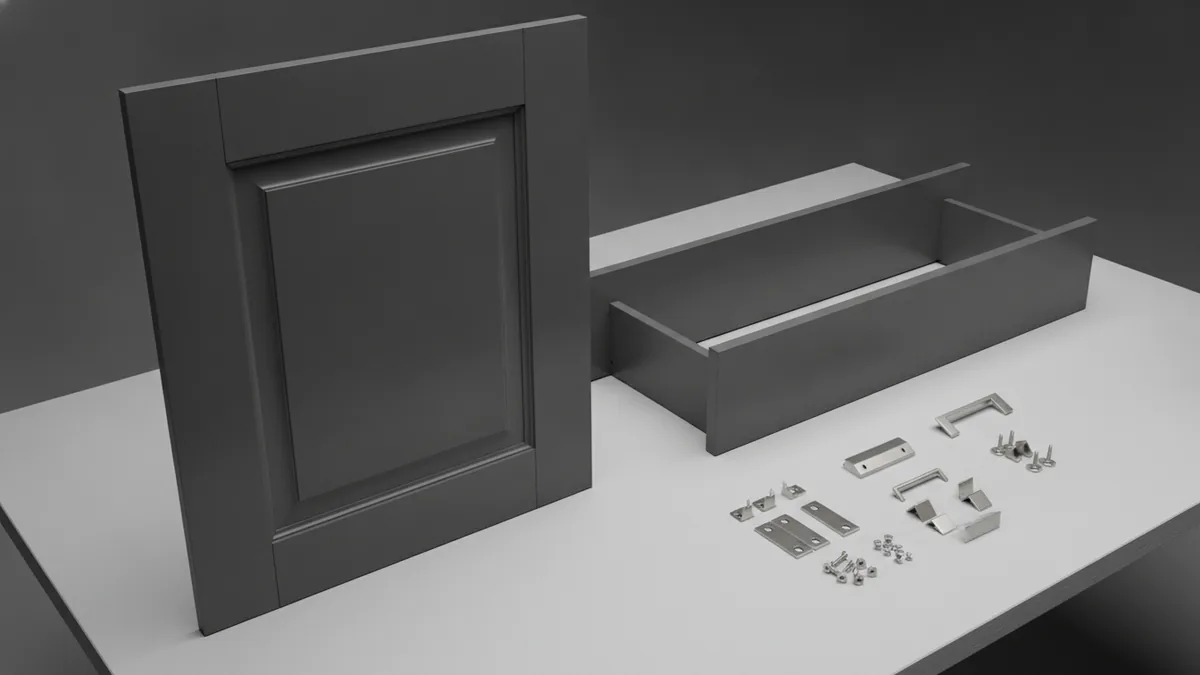 Prepped cabinet surfaces Cabinet doors and frames prepared on a workbench for painting