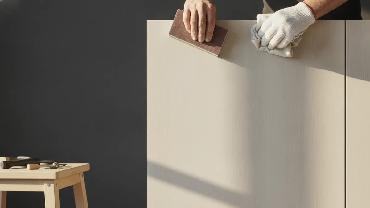 Sanding a cabinet door to improve adhesion before priming