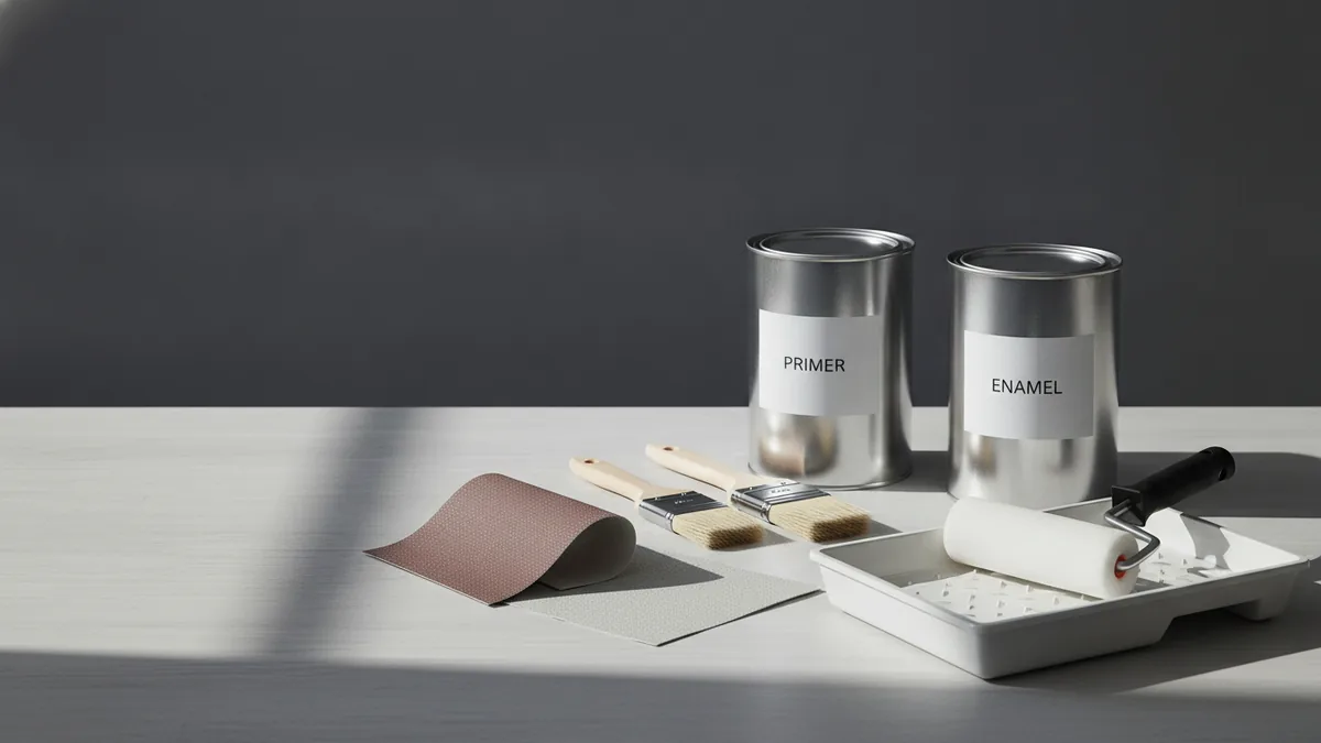 Enamel paint, primer, and painting tools for cabinet refinishing
