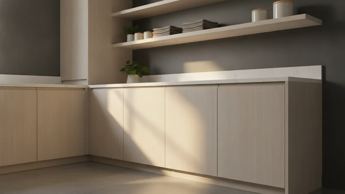 Light cabinet colors brightening a laundry room with warm lighting
