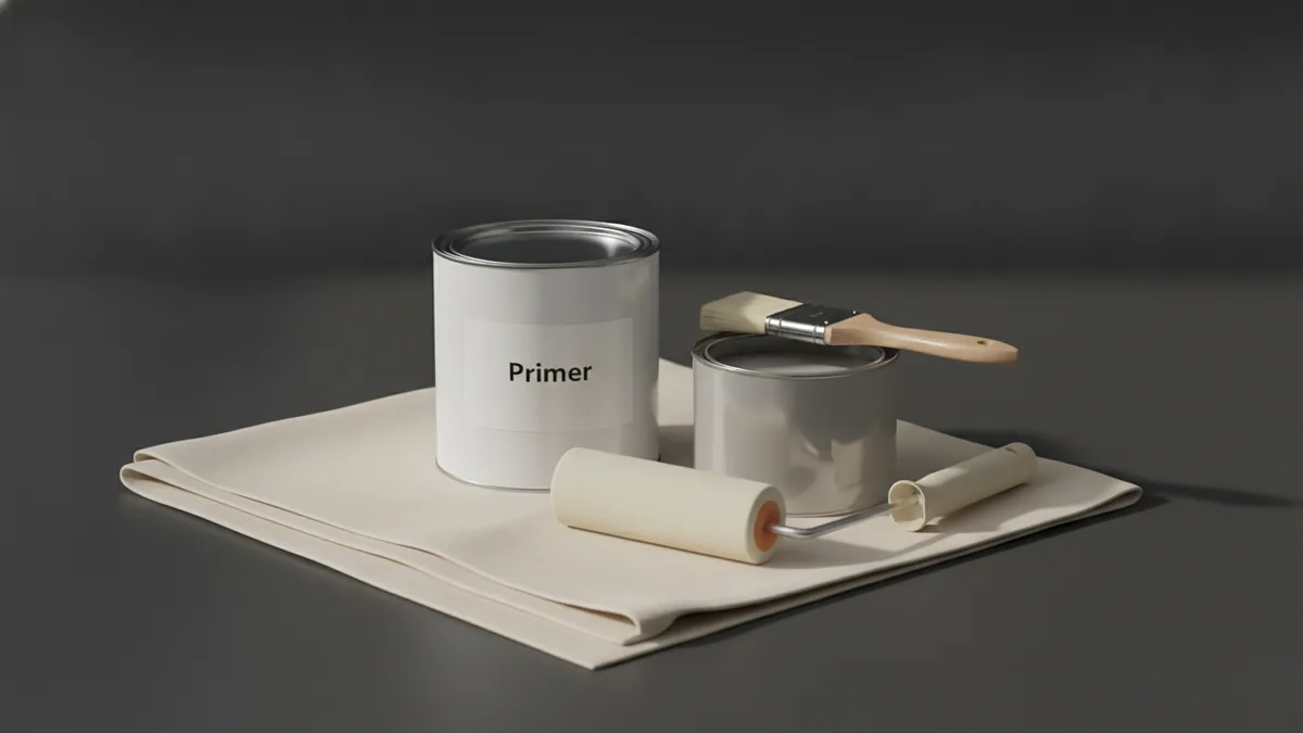 Choose paint for layering Primer and paint tools laid out for a layered shabby chic finish