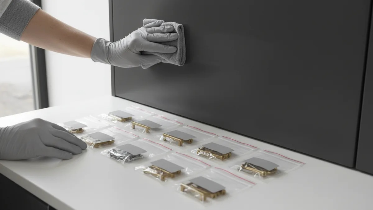 Clean, remove, and prep Cleaning and organizing cabinet hardware before painting.