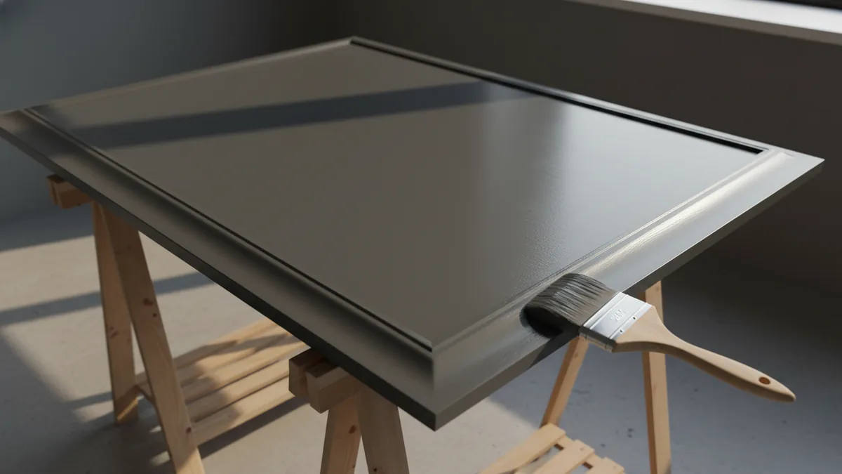 Painting cabinet doors with thin coats using a roller and angled brush.