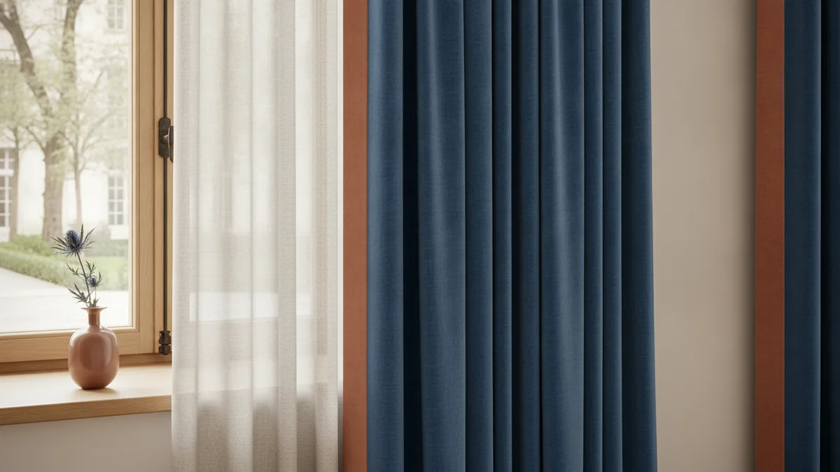 Living room with sheer and blackout curtain layers beside a sunny window