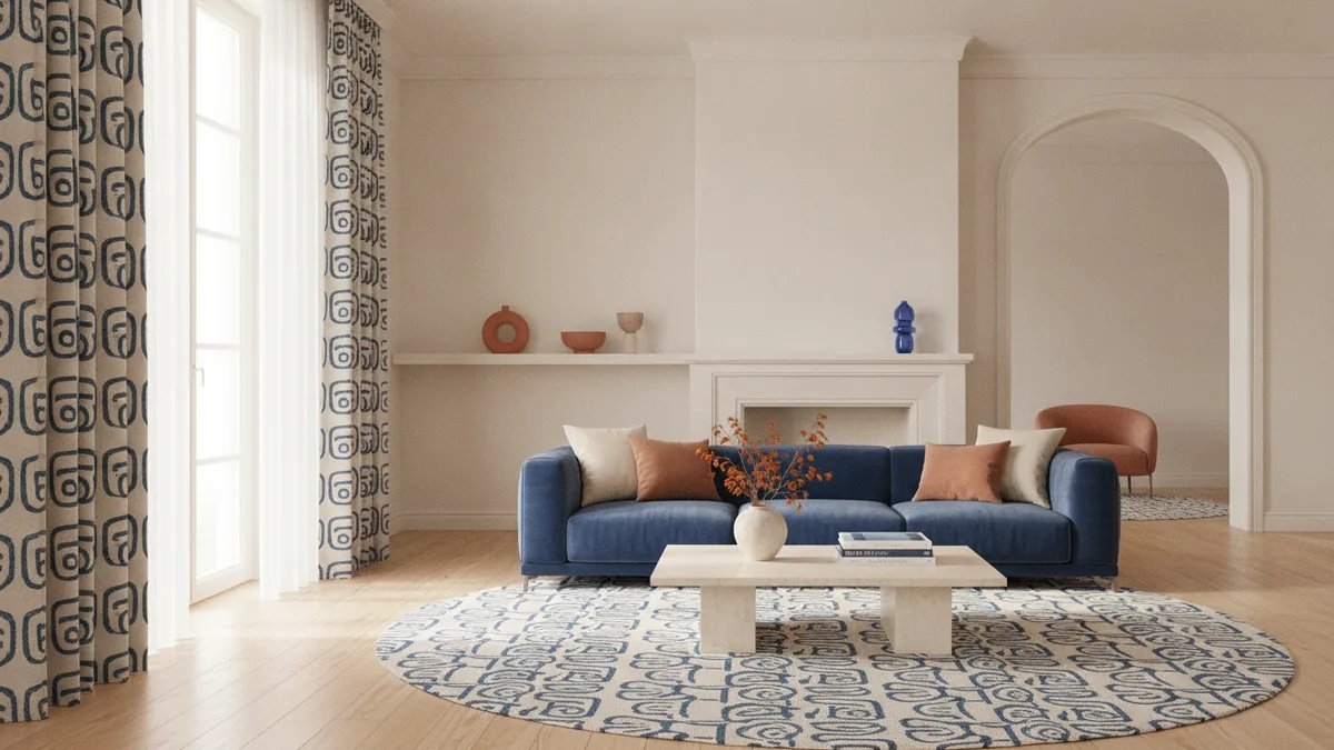 Curtains matched to living room decor Modern living room with patterned curtains matching sofa and rug colors