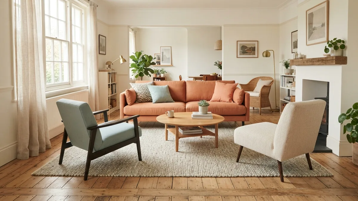 Choosing the right rug size Living room rug with an even exposed floor border around the seating group