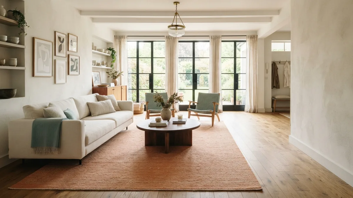 Rug alignment and room flow Rectangular living room with a lengthwise rug and a clear walking path