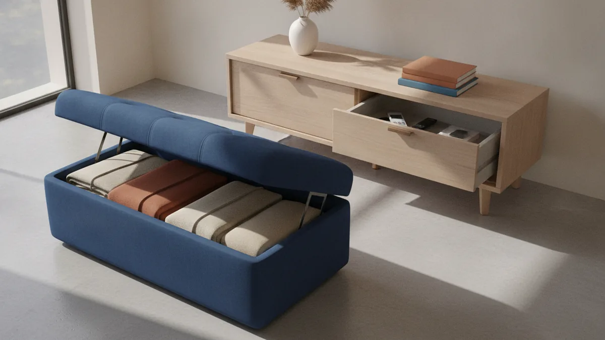 Storage ottoman and console setup for small living rooms