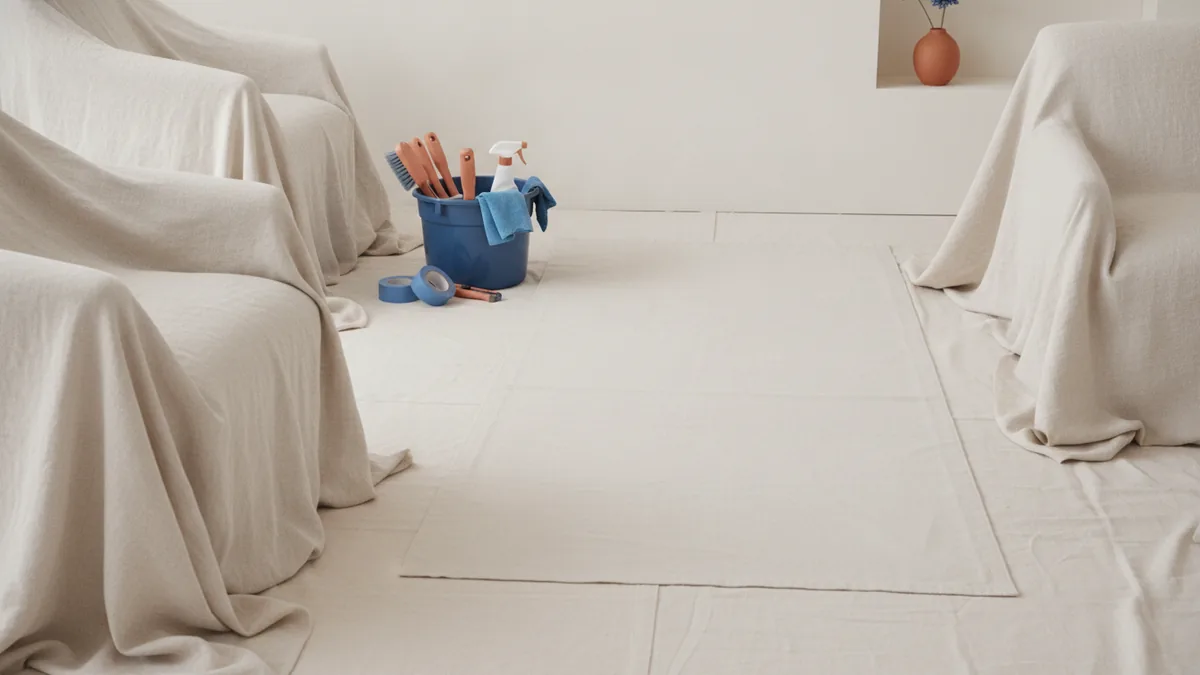 Protect the space before painting Furniture cleared and covered with drop cloths to protect the room