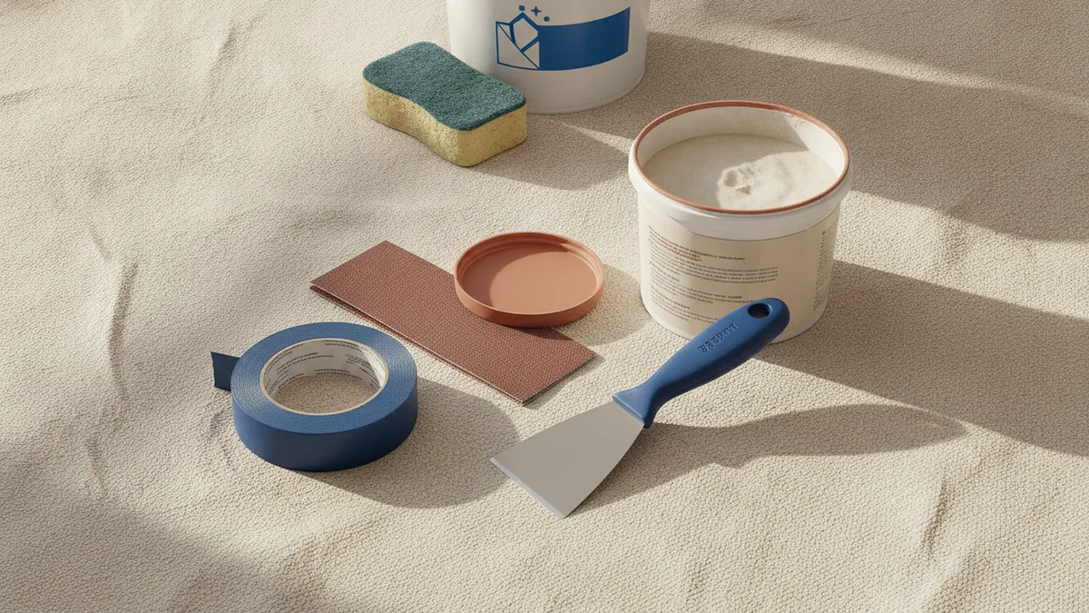 Paint prep supplies laid out: tape, spackle, sanding, and cleaner