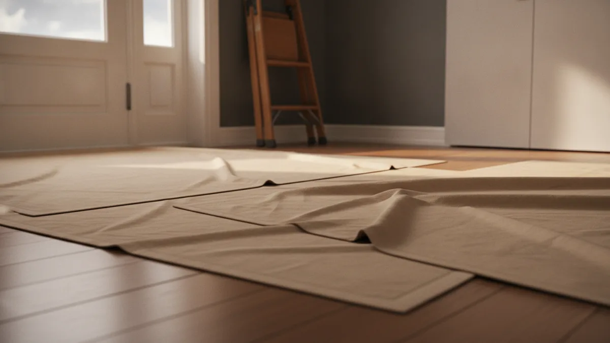 Drop cloths covering the floor before interior painting begins.