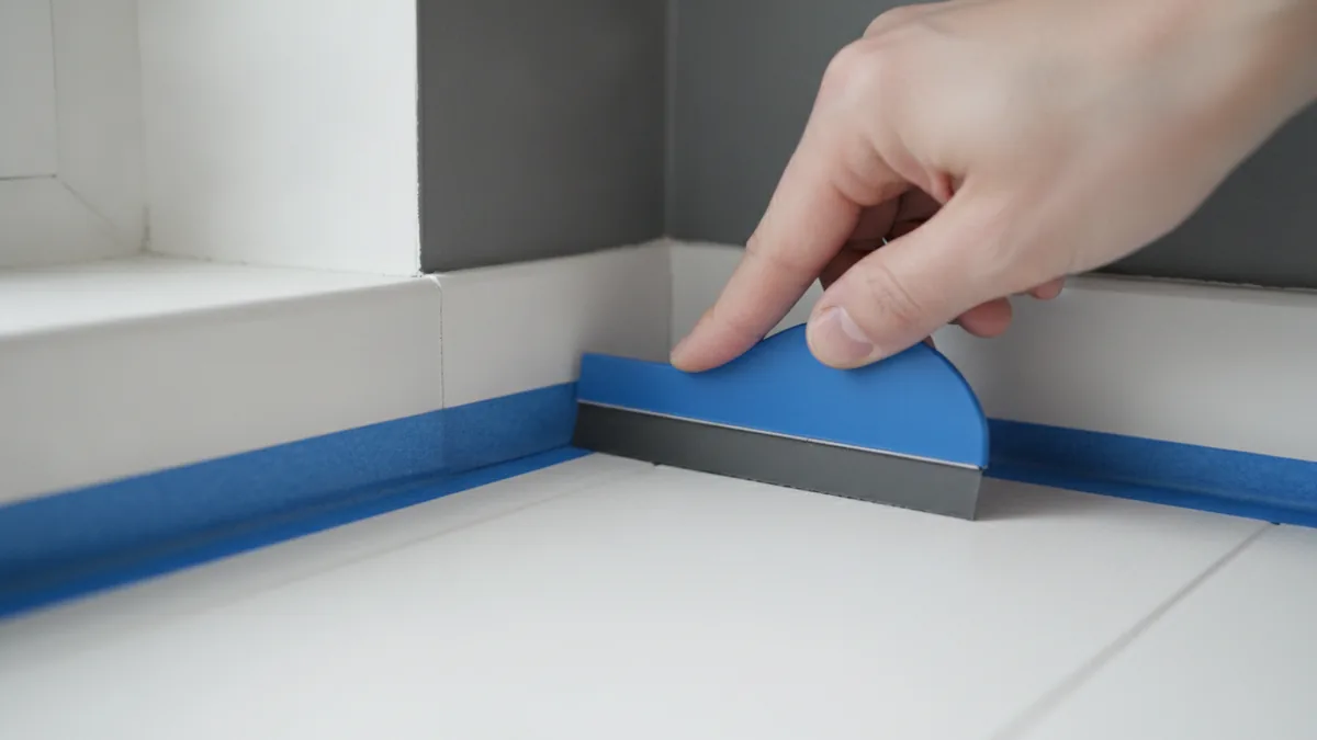 Press tape for sharp lines Pressing painter’s tape along trim for a crisp paint edge.