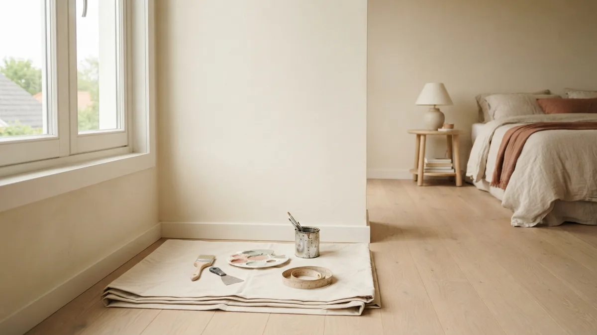 Measuring a room for paint European bedroom with measuring tools and supplies for estimating paintable wall area
