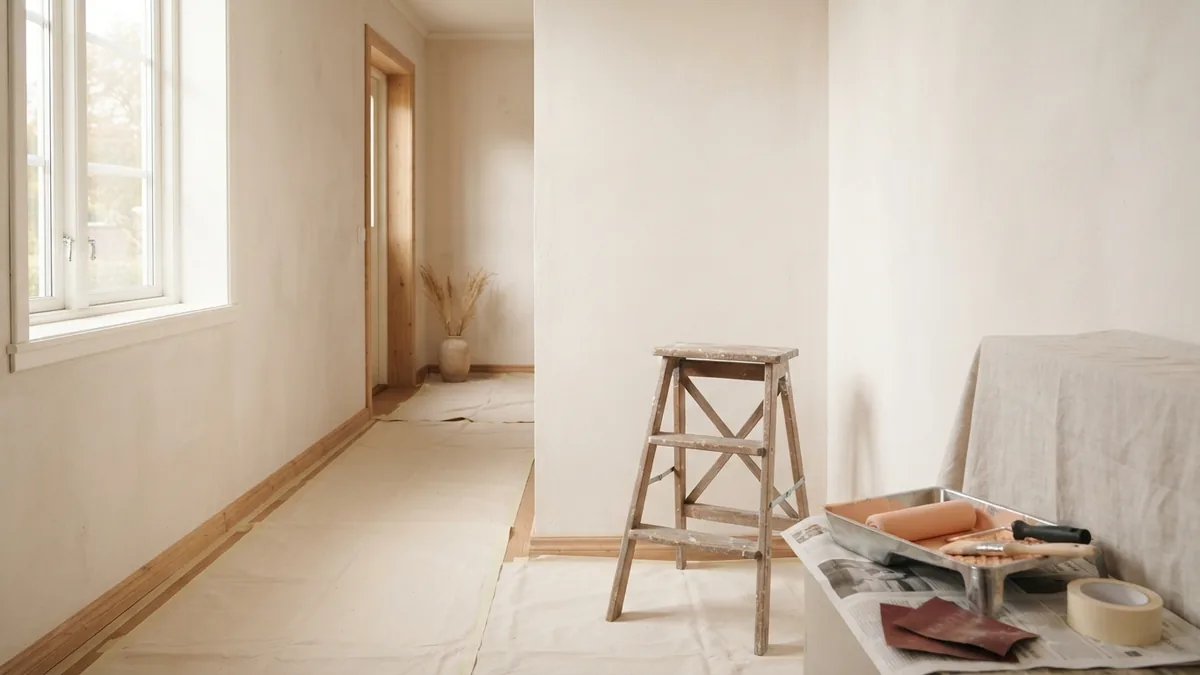 Painting supplies and room prep Scandinavian hallway with protected floors and essential supplies for room painting prep