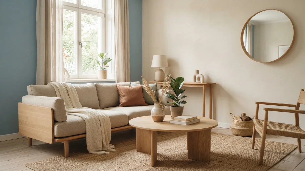 Japandi living room with pale cream walls and a muted blue accent wall