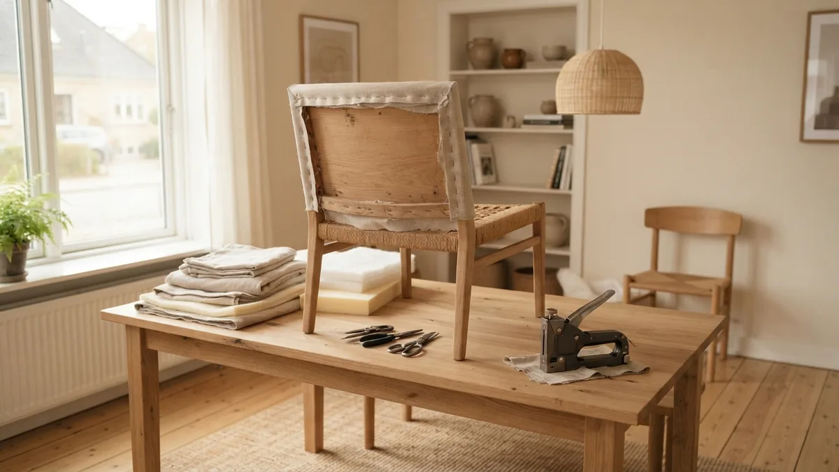 Upholstery tools, foam, batting, and neutral fabric arranged beside a dining chair