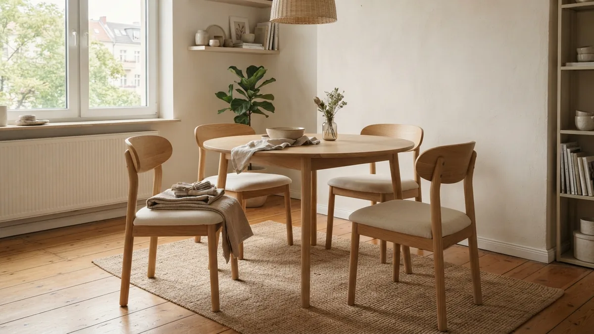 Fabric planning for recovered dining chairs Freshly upholstered dining chairs with folded neutral fabric in a warm Japandi dining room