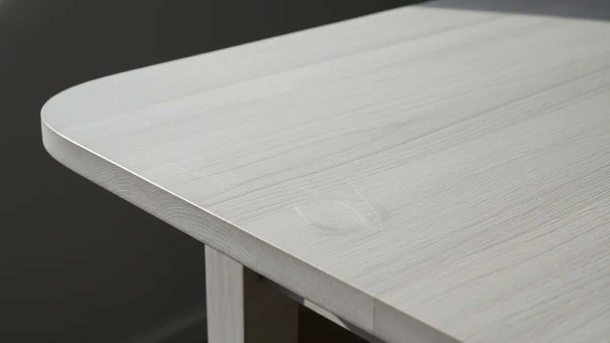 Inspecting a worn dining table surface for refinishing