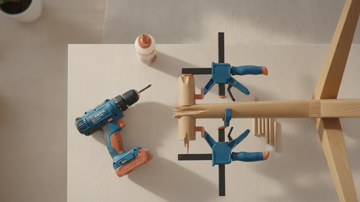Tools and materials ready for reinforcing chair legs with dowels and glue