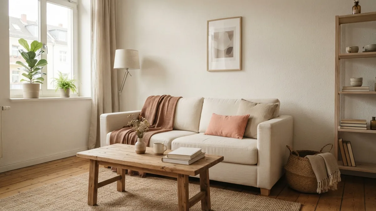 Budget-friendly living room remodel with reused wood furniture, linen seating, baskets, and warm daylight