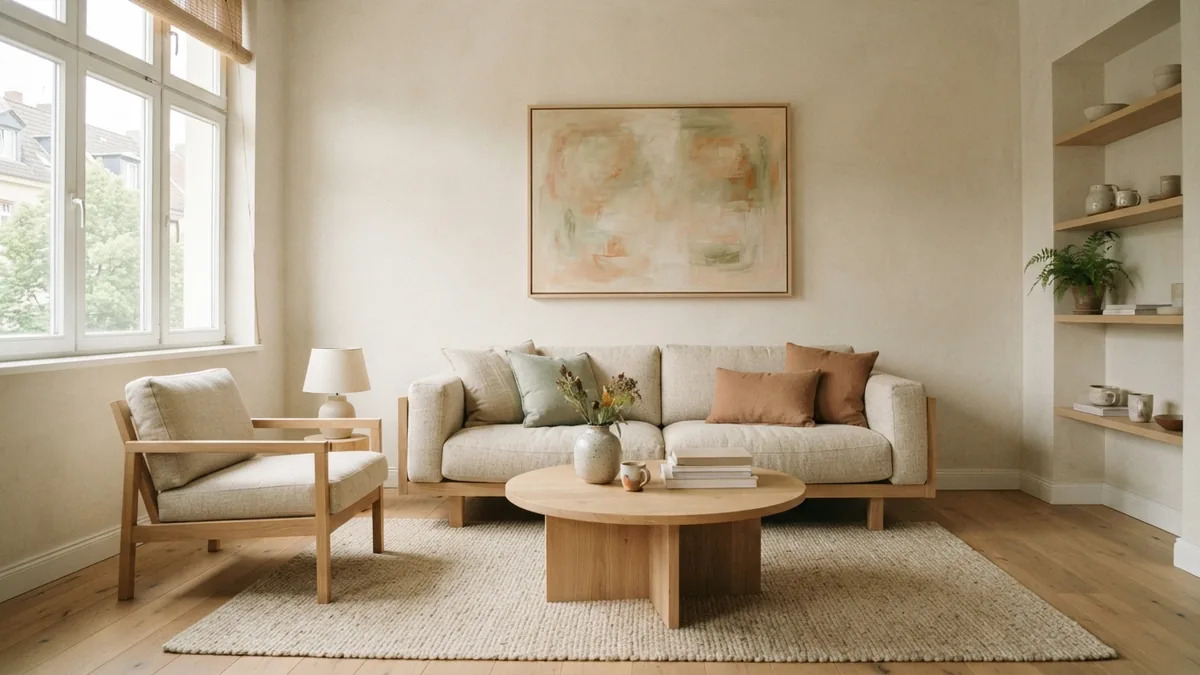 Japandi living room style Japandi living room with pale oak furniture, linen textures, soft sage accents, and natural light