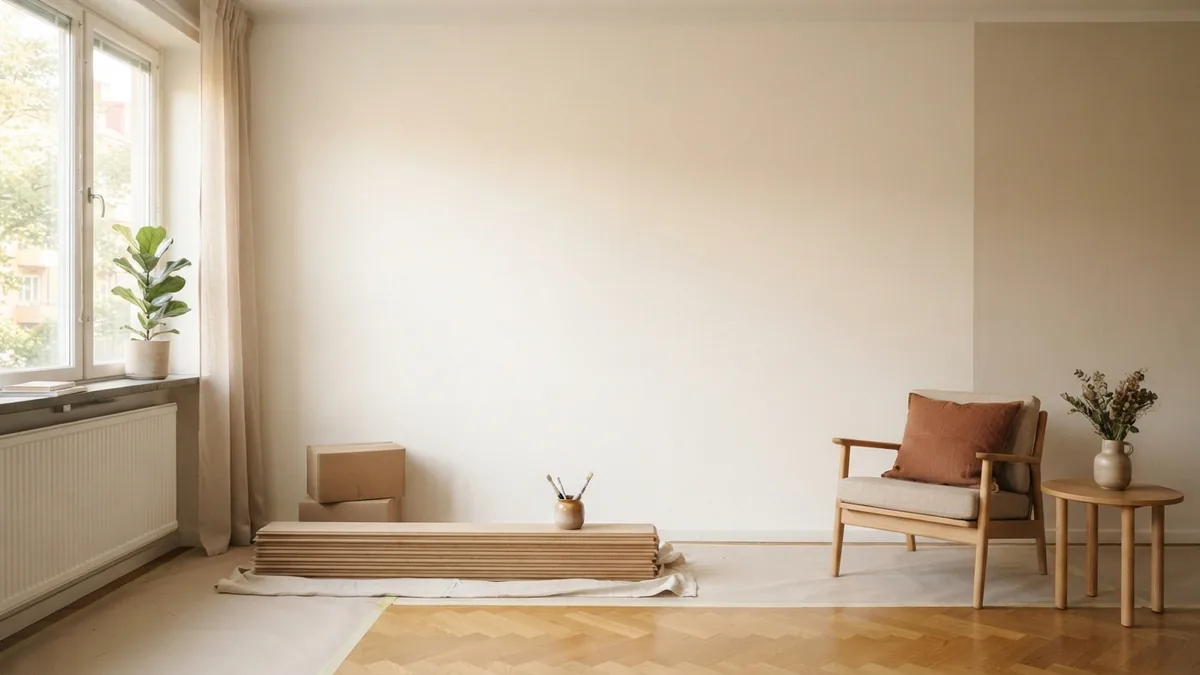Living room renovation planning Orderly living room renovation with fresh cream paint, timber boards, and furniture set aside
