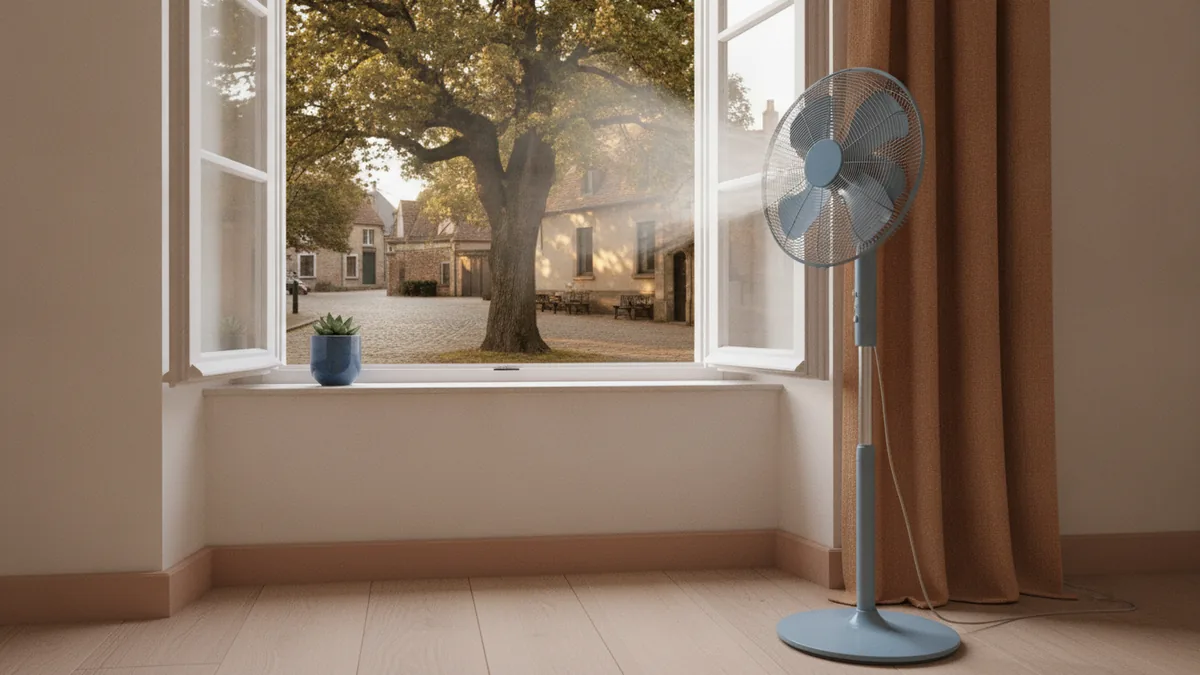 Floor fan pushing stale air outdoors through an open window