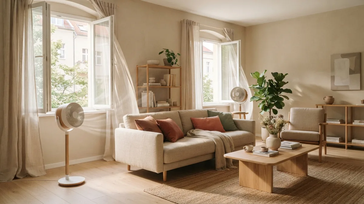Cross-ventilation after painting Floor fans and open windows create cross ventilation in a warm living room
