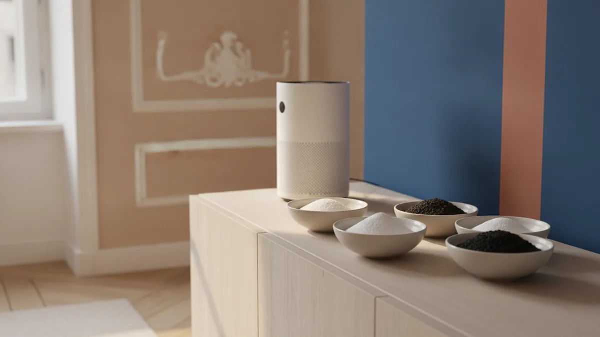 Bowls of baking soda and charcoal placed in a painted room