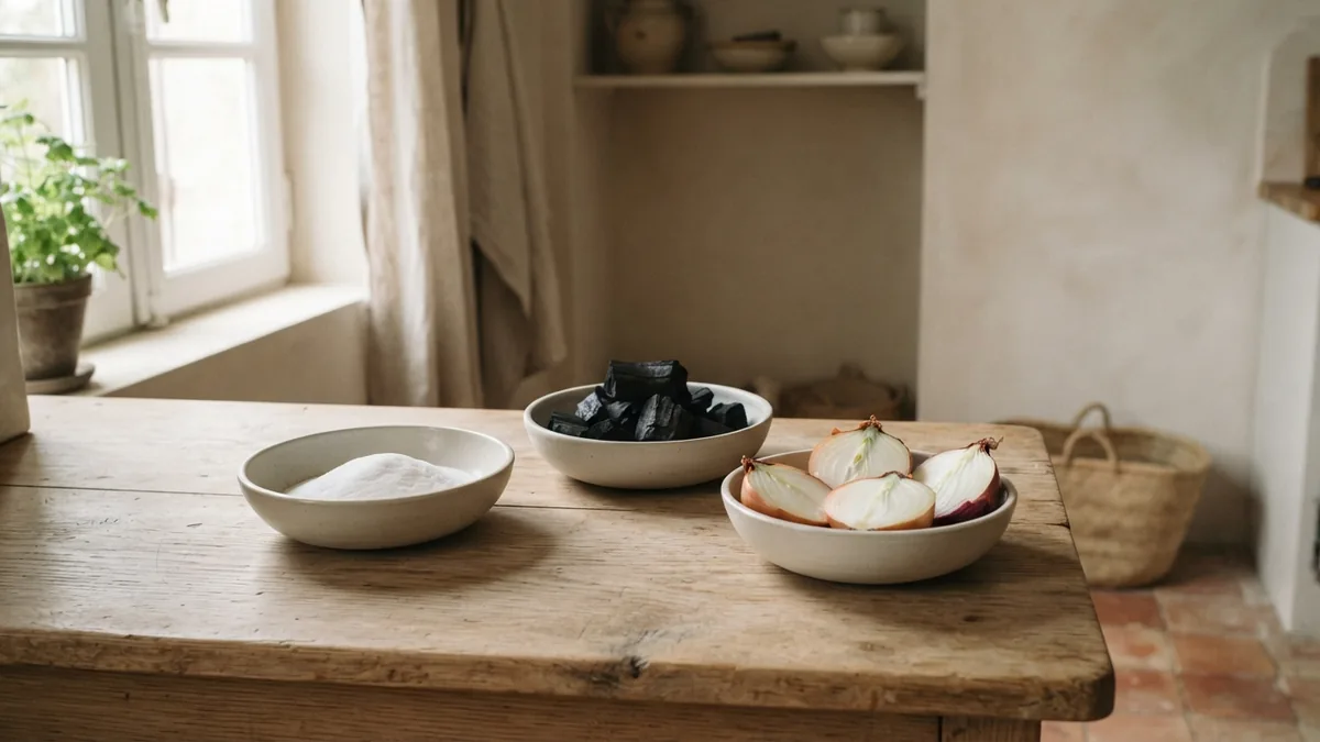 Natural odor absorbers for paint smell Ceramic bowls with baking soda and charcoal help absorb mild paint odors