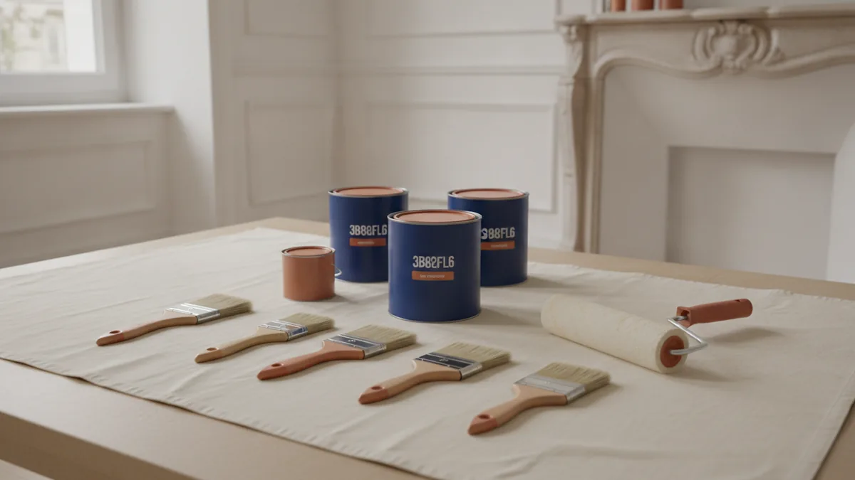 Fresh paint supplies and low odor paint arranged in a bright room