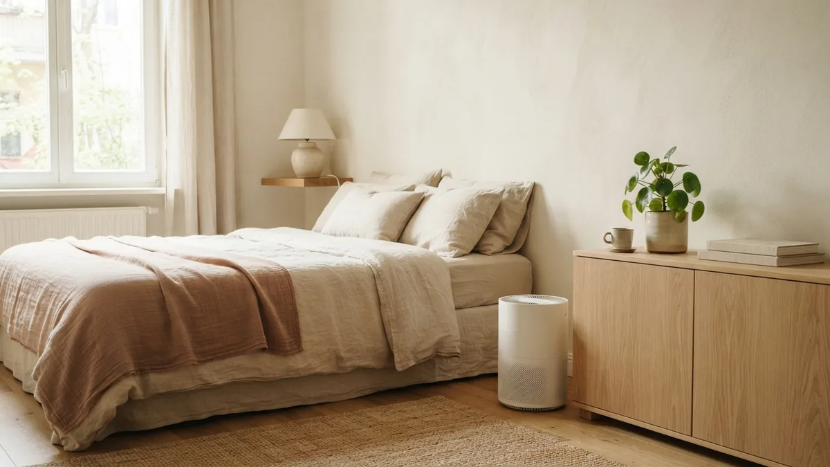 Air purifier for lingering paint fumes Compact air purifier beside pale oak furniture in a calm bedroom