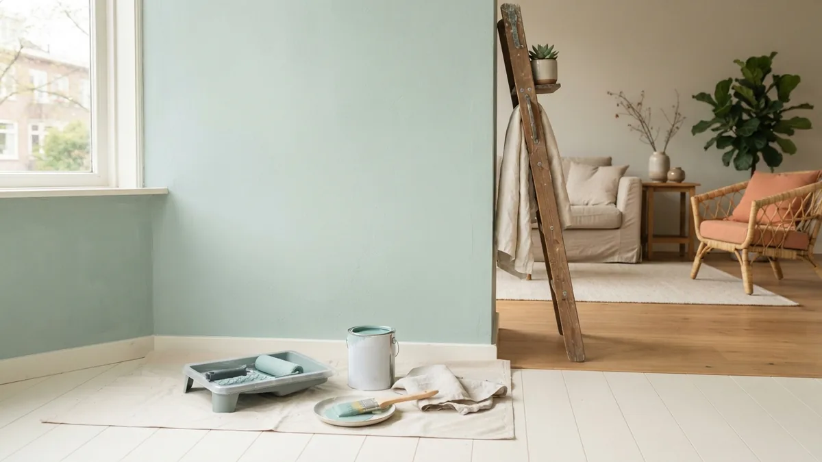 Preparing for a low-odor paint project Neatly arranged paint tools in a bright room prepared for low odor painting