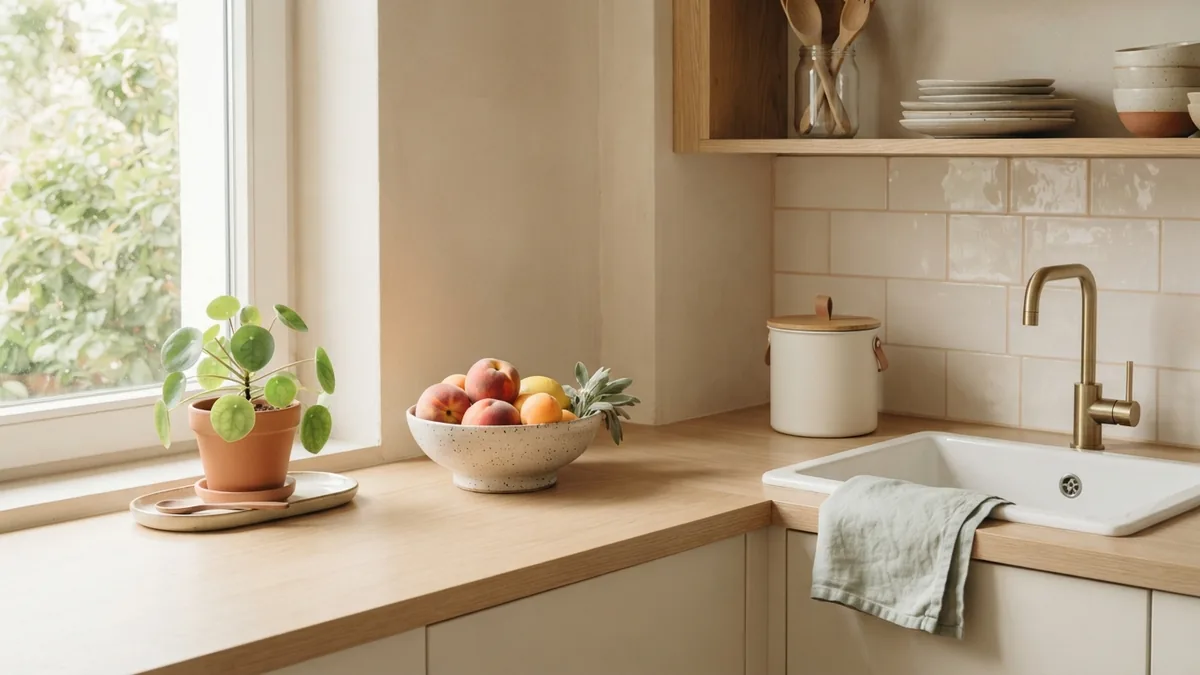 Kitchen inspection area showing fruit, waste storage, a dry sink, and an indoor plant