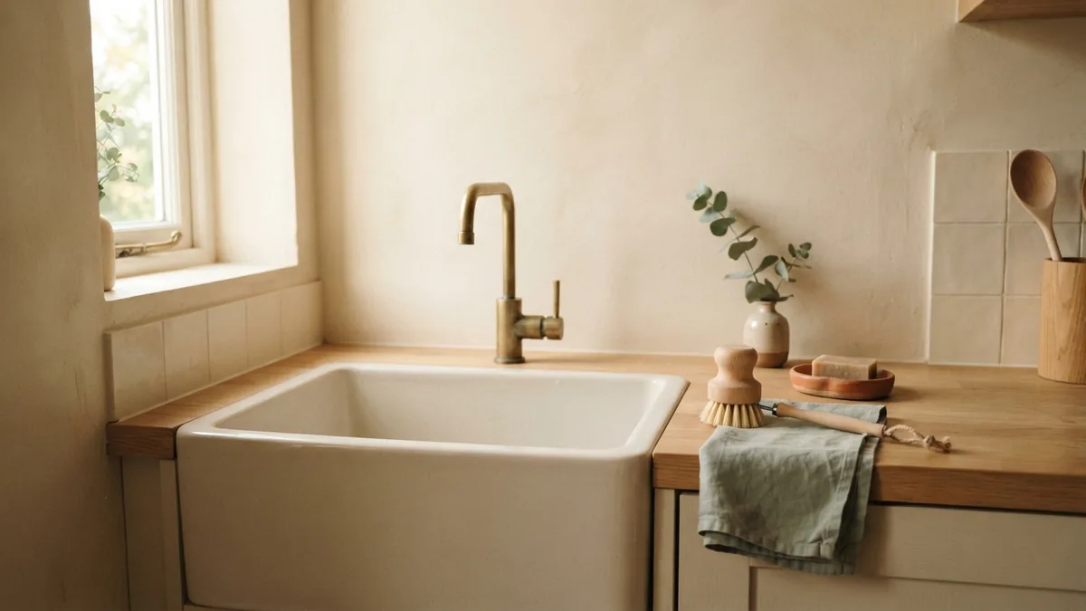 Deep cleaning a kitchen sink Clean kitchen sink with brush and linen cloth after removing food residue