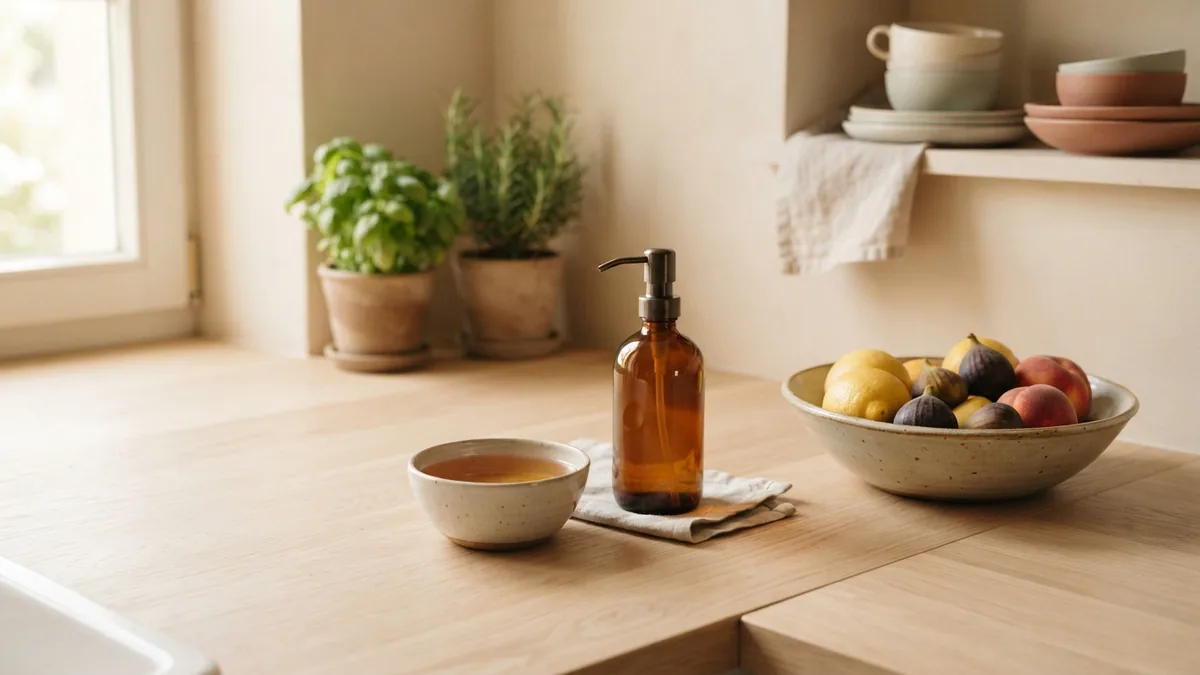Simple vinegar trap setup Ceramic bowl with vinegar beside fruit on a warm kitchen counter