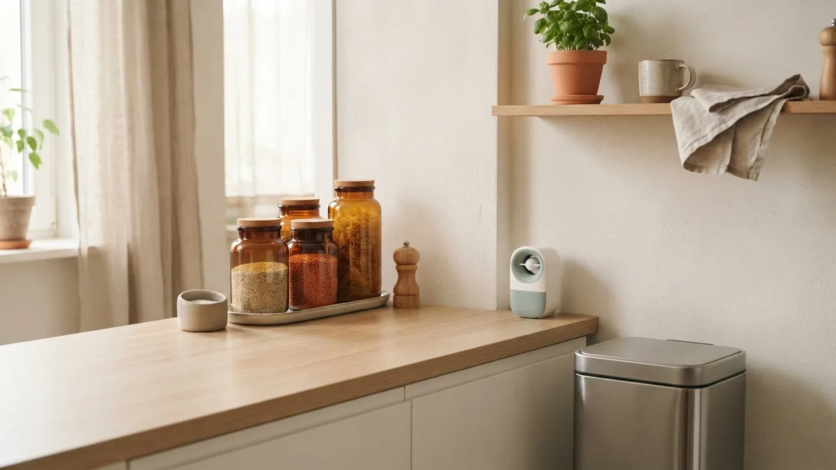 Safe indoor insect trap placement Covered insect trap beside sealed food jars and a clean kitchen waste bin