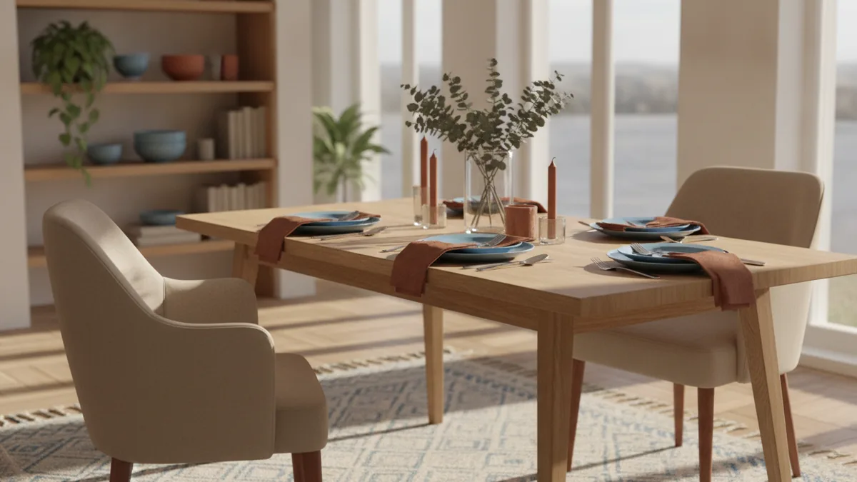 Practice the sentence: Comemos en el comedor Set dining table showing everyday meal context