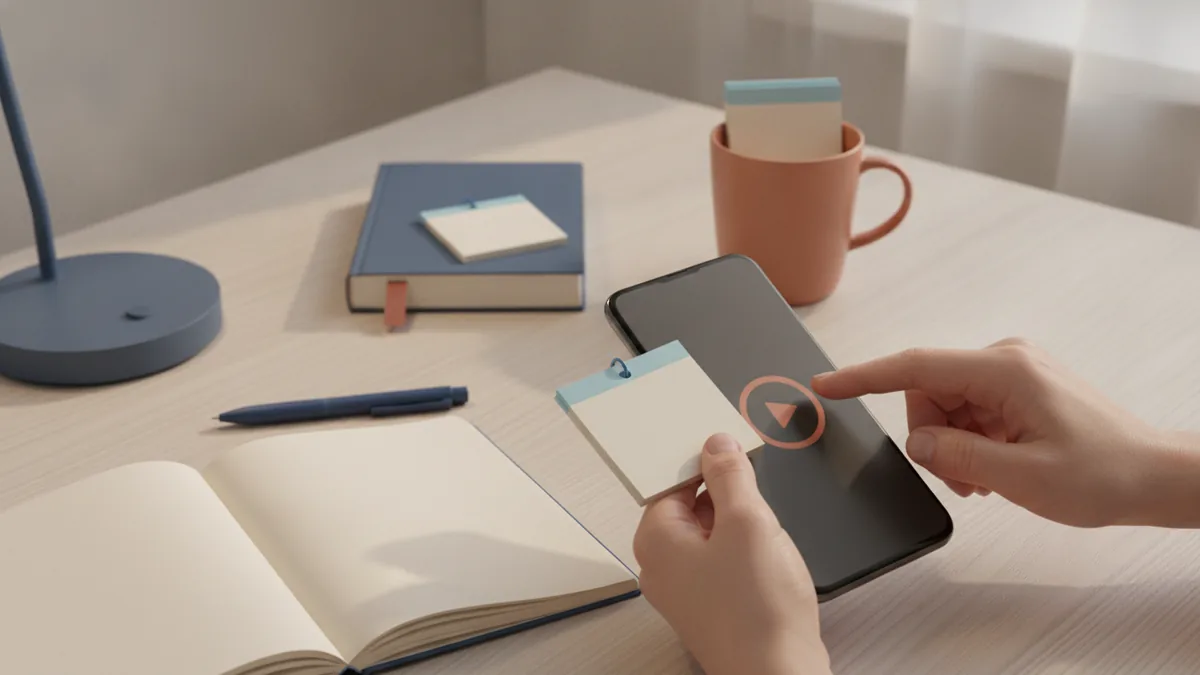 Flashcards and a phone for practicing Spanish vocabulary and pronunciation