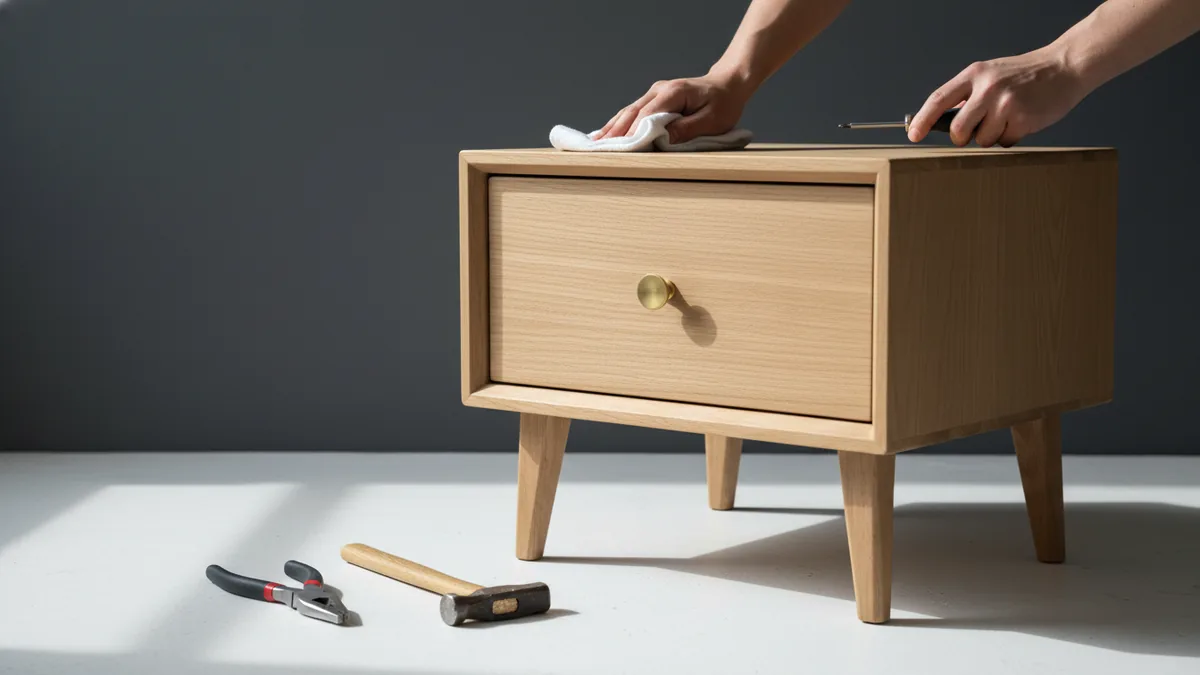 Cleaning and tightening hardware on a wooden bedside table before sale