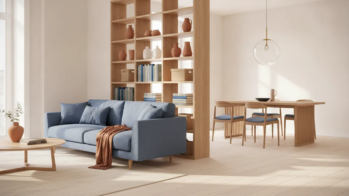Sofa and bookshelf used as dividers between dining and living