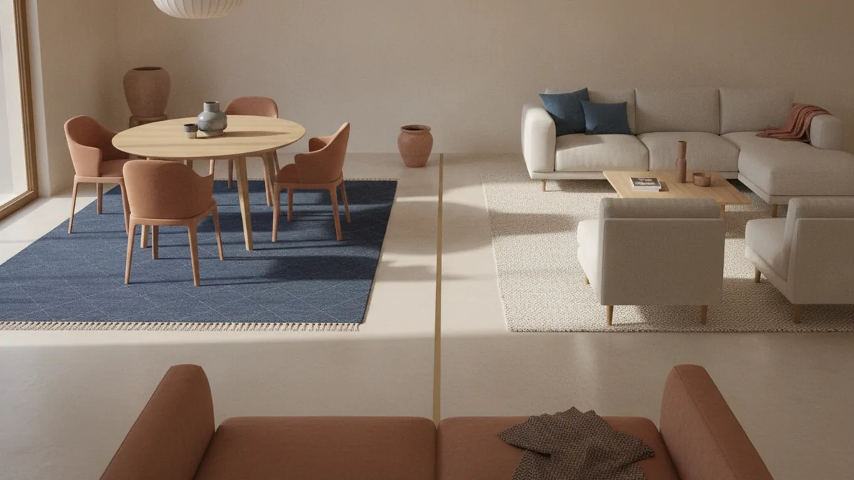 Color and flooring zoning Dining rug defines the dining area with clear contrast from living