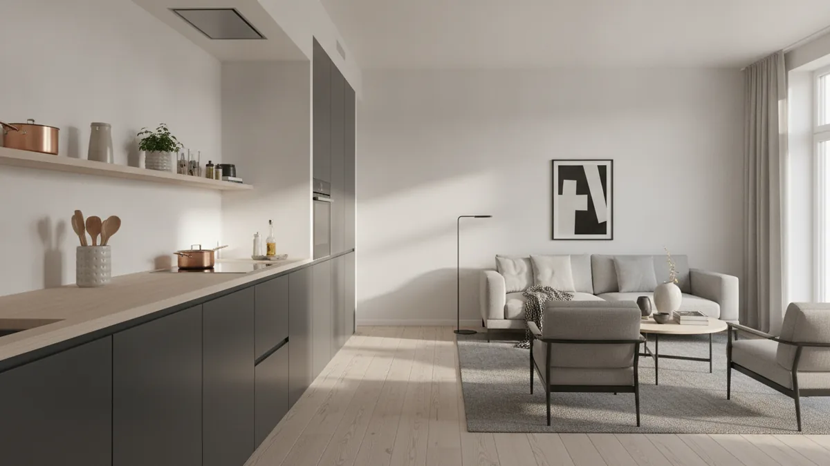 Tidy open kitchen and living space with clear, practical separation.