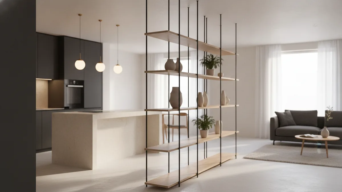 Decorative divider between kitchen and living room that keeps light moving.