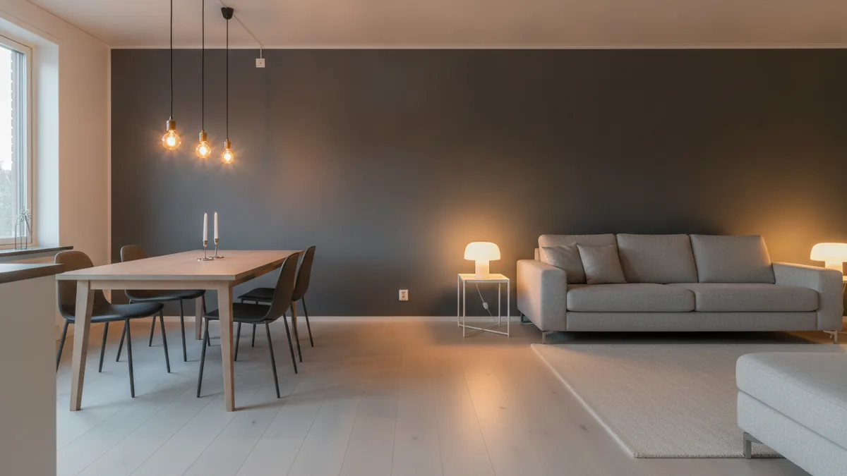Lighting that marks zones Pendant and lamp lighting creating distinct kitchen, dining, and living zones.