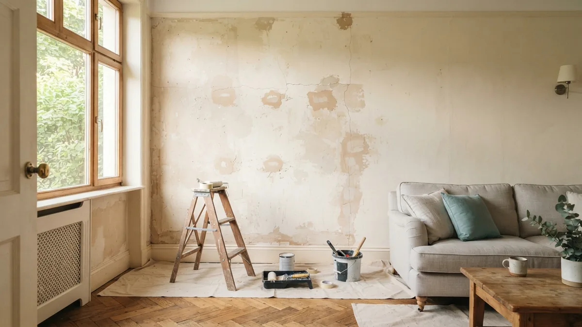 Room walls showing patched areas and surface damage before a painting job begins